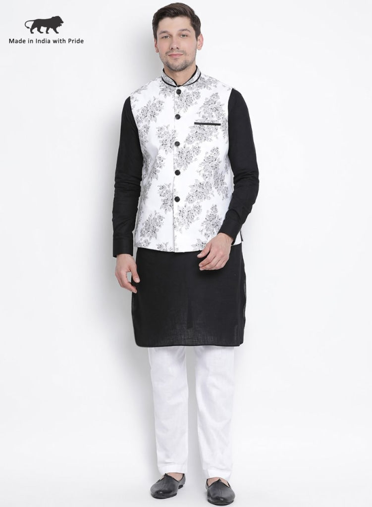 Vastramay Men's Black Cotton Blend Kurta, Ethnic Jacket and Pyjama Set