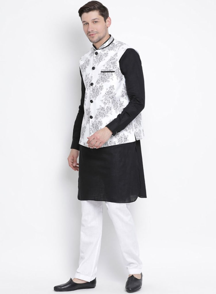 Vastramay Men's Black Cotton Blend Kurta, Ethnic Jacket and Pyjama Set