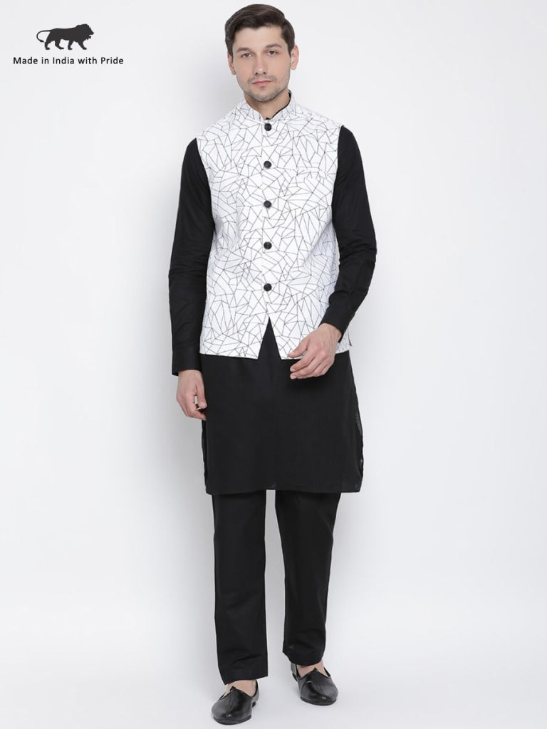 mens black cotton blend kurta ethnic jacket and pyjama set1161