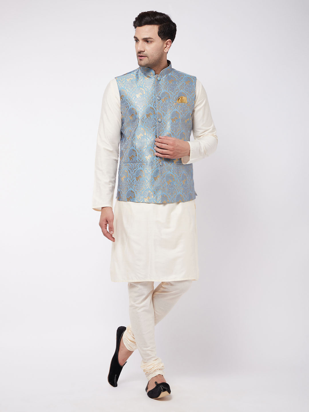 mens viscose kurta and pyjama with grey woven nehru jacket