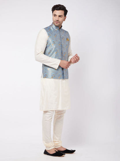 mens viscose kurta and pyjama with grey woven nehru jacket