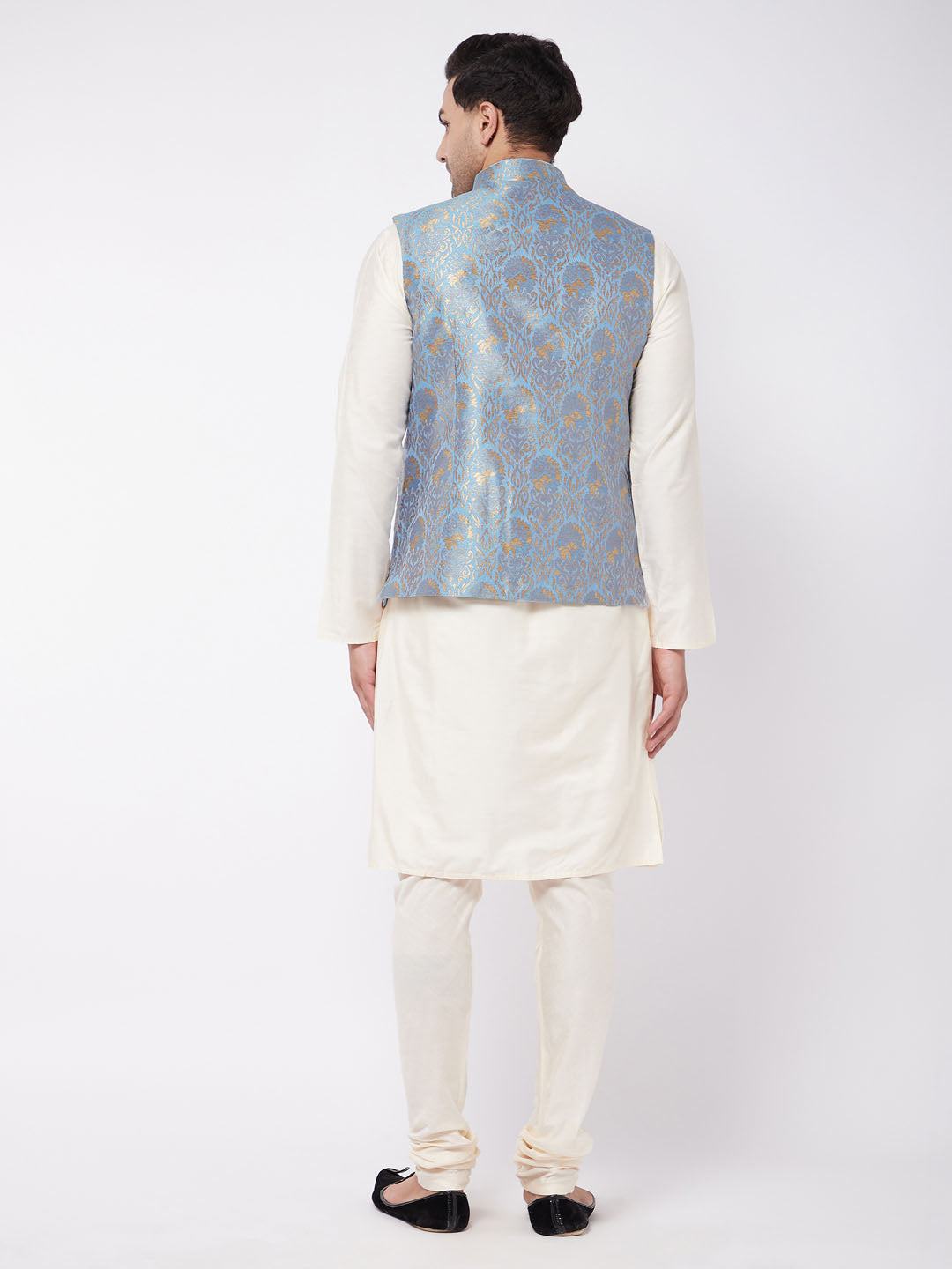 mens viscose kurta and pyjama with grey woven nehru jacket