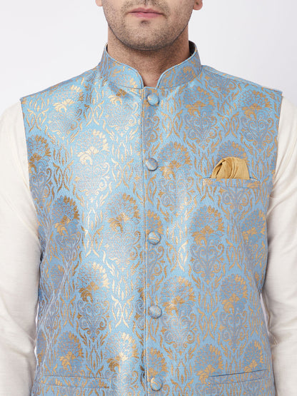 mens viscose kurta and pyjama with grey woven nehru jacket