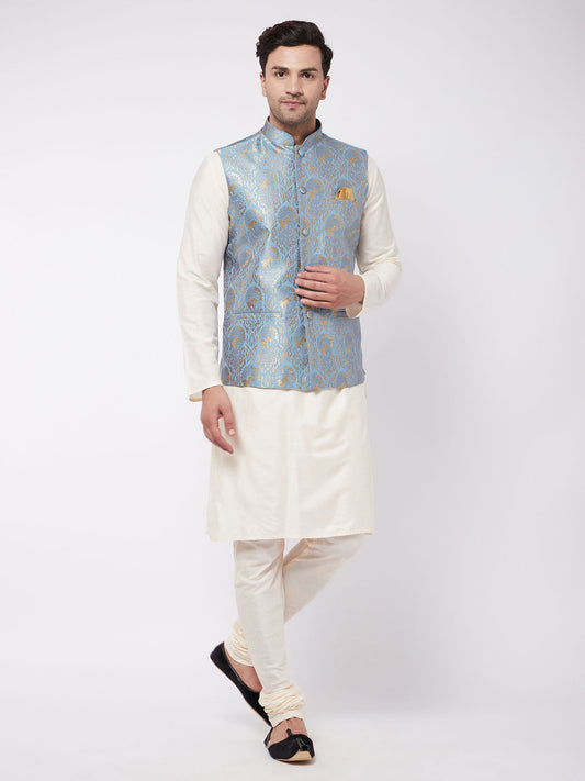 mens viscose kurta and pyjama with grey woven nehru jacket