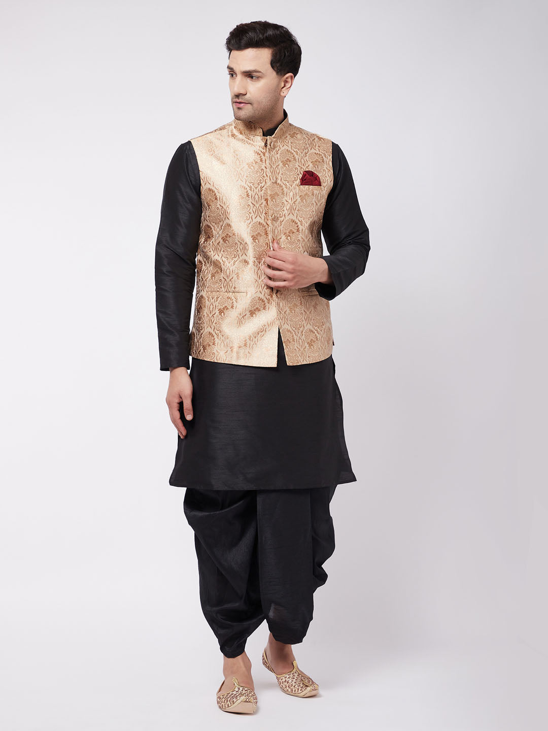 Vastramay Men's Rose Gold Jacquard Jacket With Kurta Dhoti Set