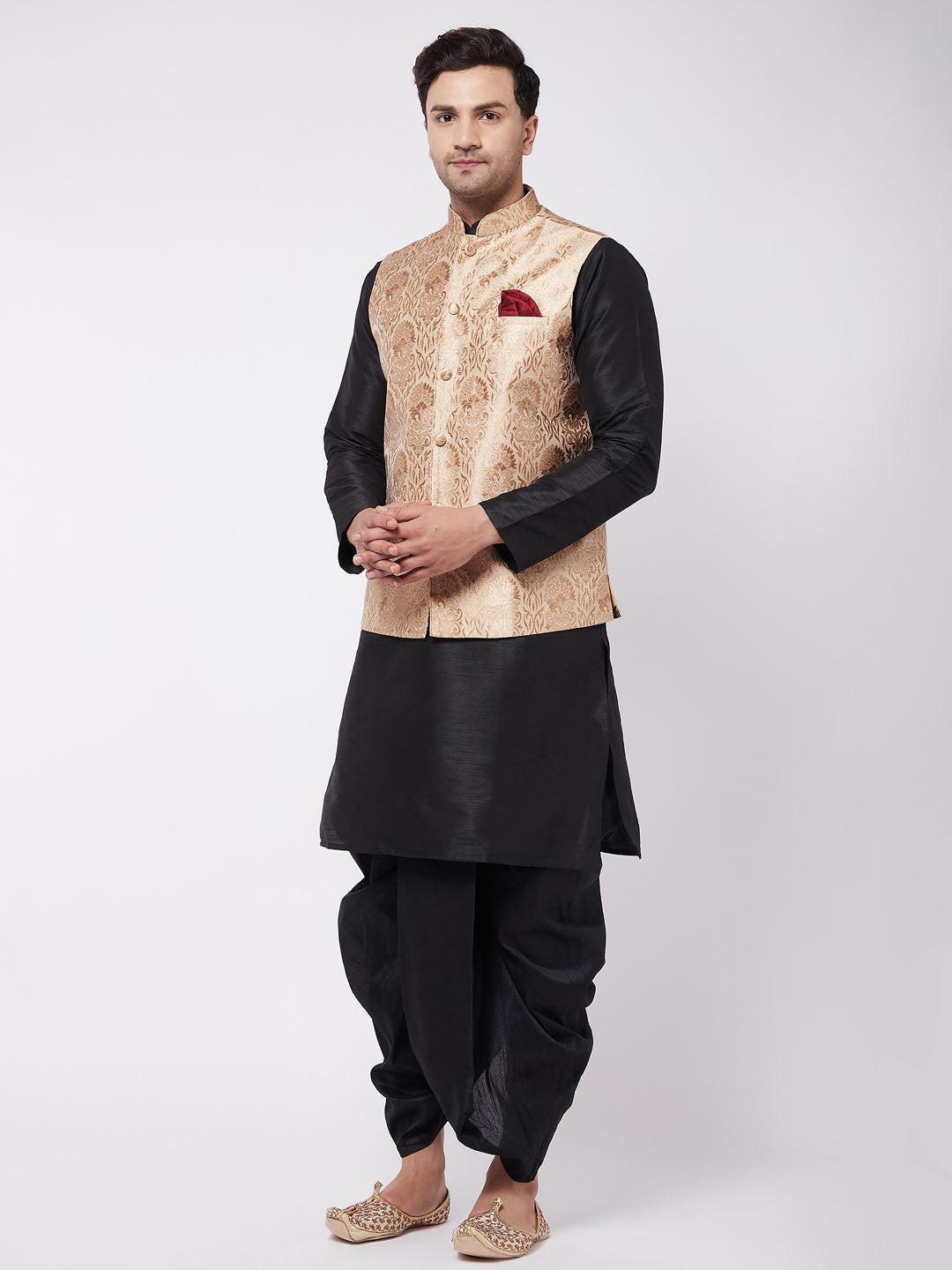 Vastramay Men's Rose Gold Jacquard Jacket With Kurta Dhoti Set