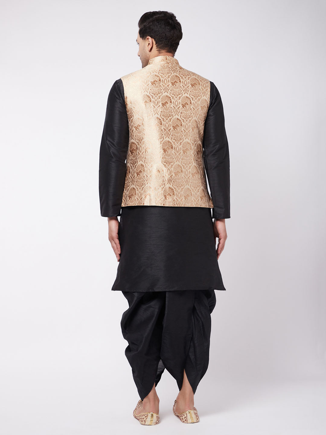 Vastramay Men's Rose Gold Jacquard Jacket With Kurta Dhoti Set