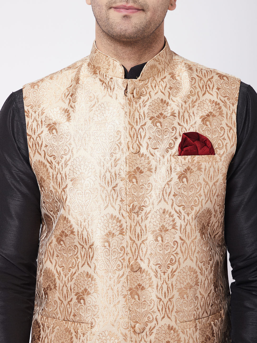 Vastramay Men's Rose Gold Jacquard Jacket With Kurta Dhoti Set