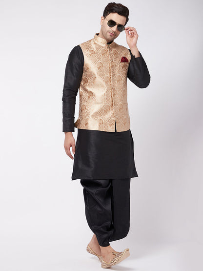 Vastramay Men's Rose Gold Jacquard Jacket With Kurta Dhoti Set