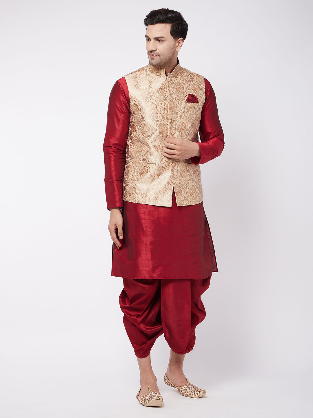 Vastramay Men's Rose Gold Jacquard Jacket With Kurta Dhoti Set