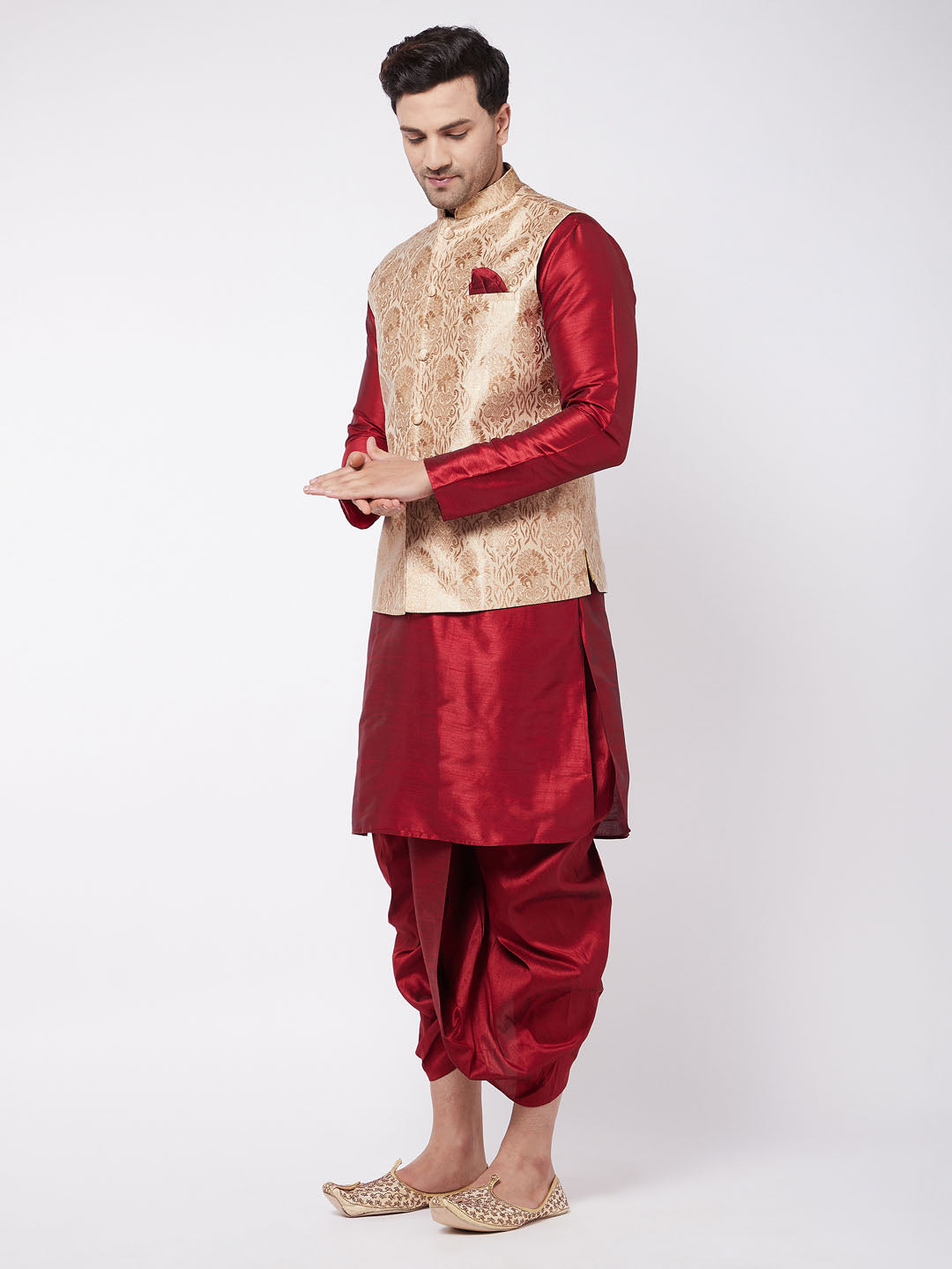 Vastramay Men's Rose Gold Jacquard Jacket With Kurta Dhoti Set