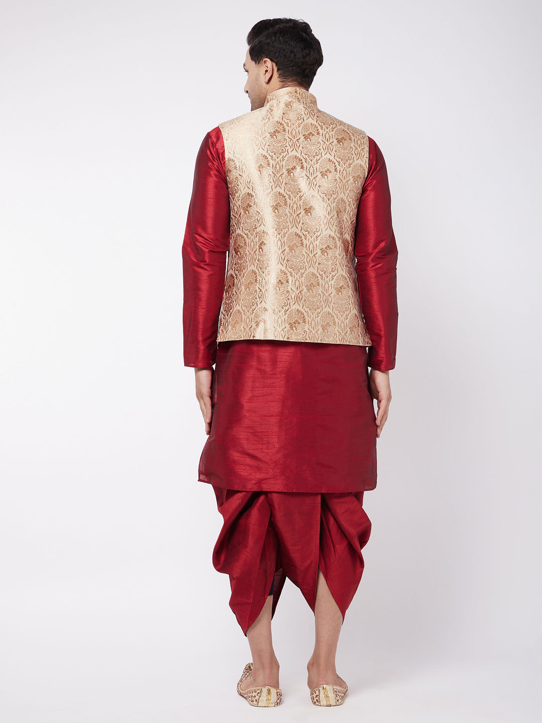 Vastramay Men's Rose Gold Jacquard Jacket With Kurta Dhoti Set