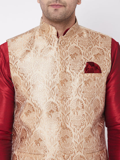 Vastramay Men's Rose Gold Jacquard Jacket With Kurta Dhoti Set