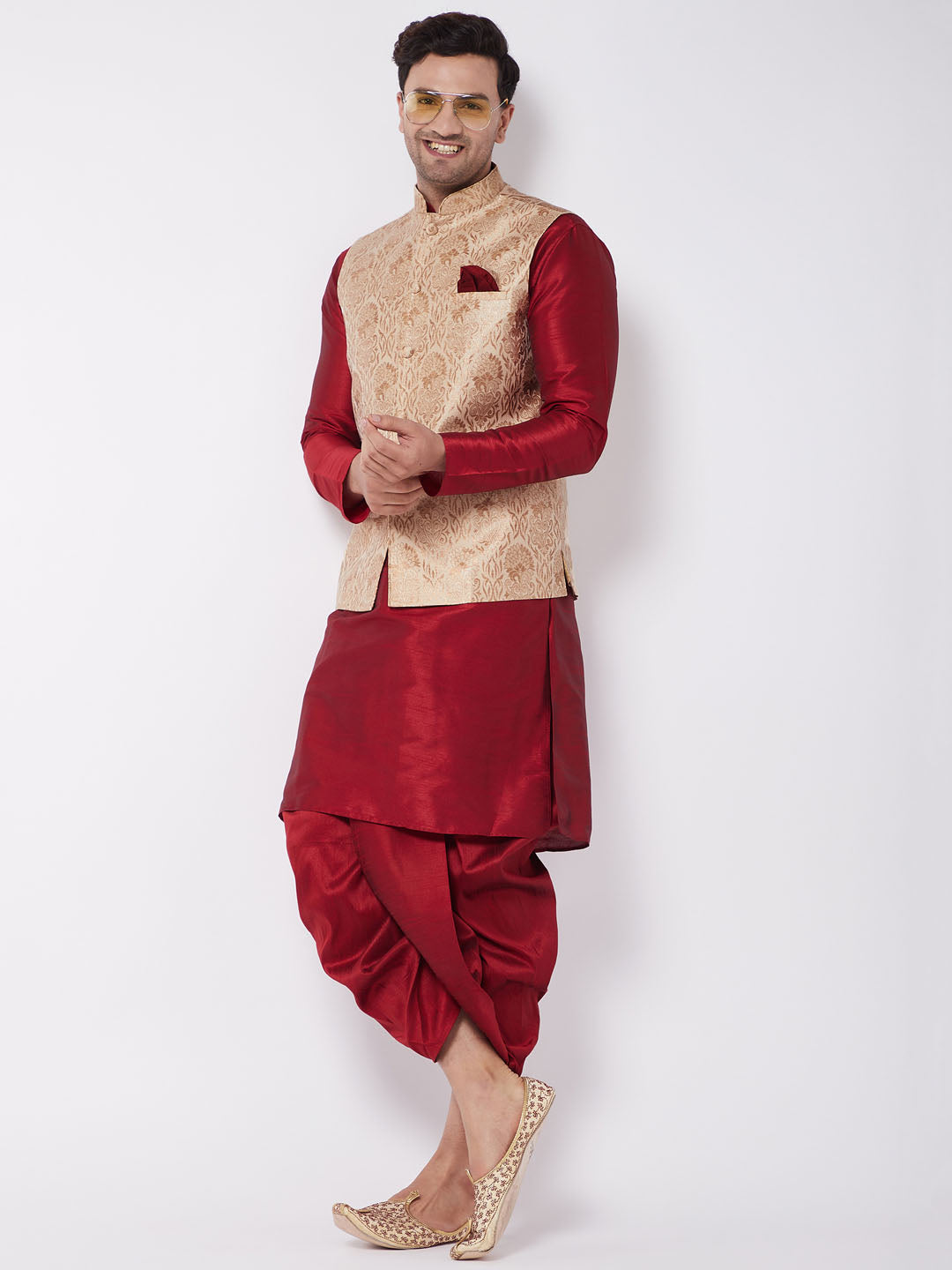 Vastramay Men's Rose Gold Jacquard Jacket With Kurta Dhoti Set