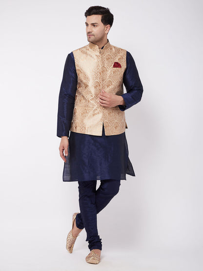 Vastramay Men's Rose Gold Jacquard Jacket With Kurta Pyjama Set