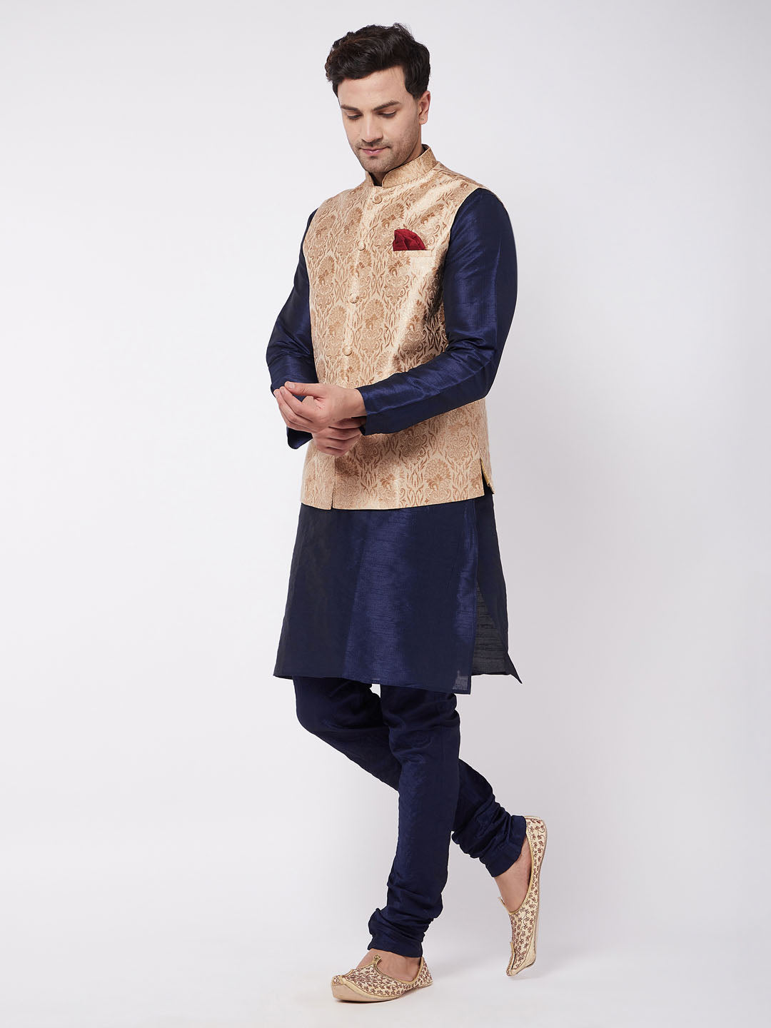 Vastramay Men's Rose Gold Jacquard Jacket With Kurta Pyjama Set