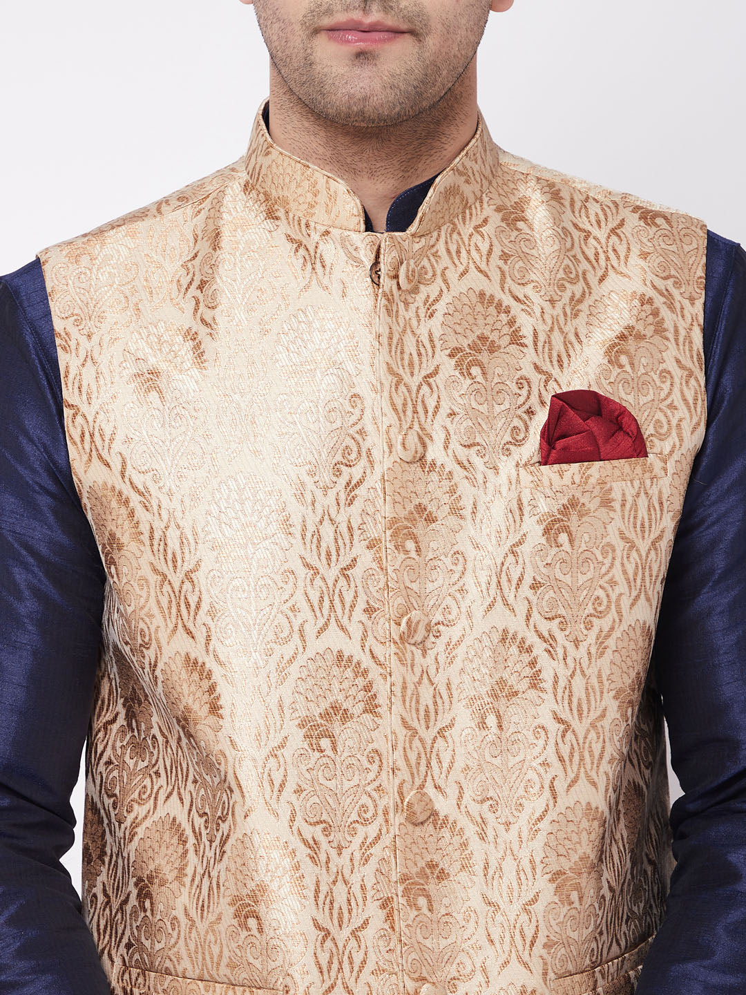 Vastramay Men's Rose Gold Jacquard Jacket With Kurta Pyjama Set