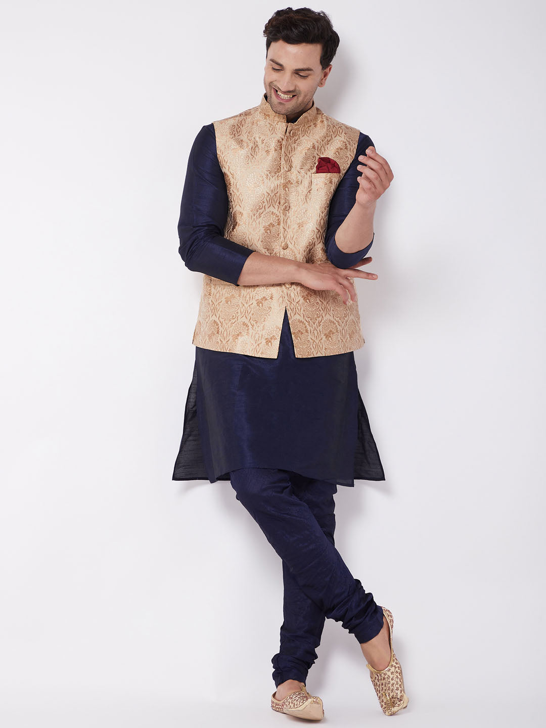 Vastramay Men's Rose Gold Jacquard Jacket With Kurta Pyjama Set