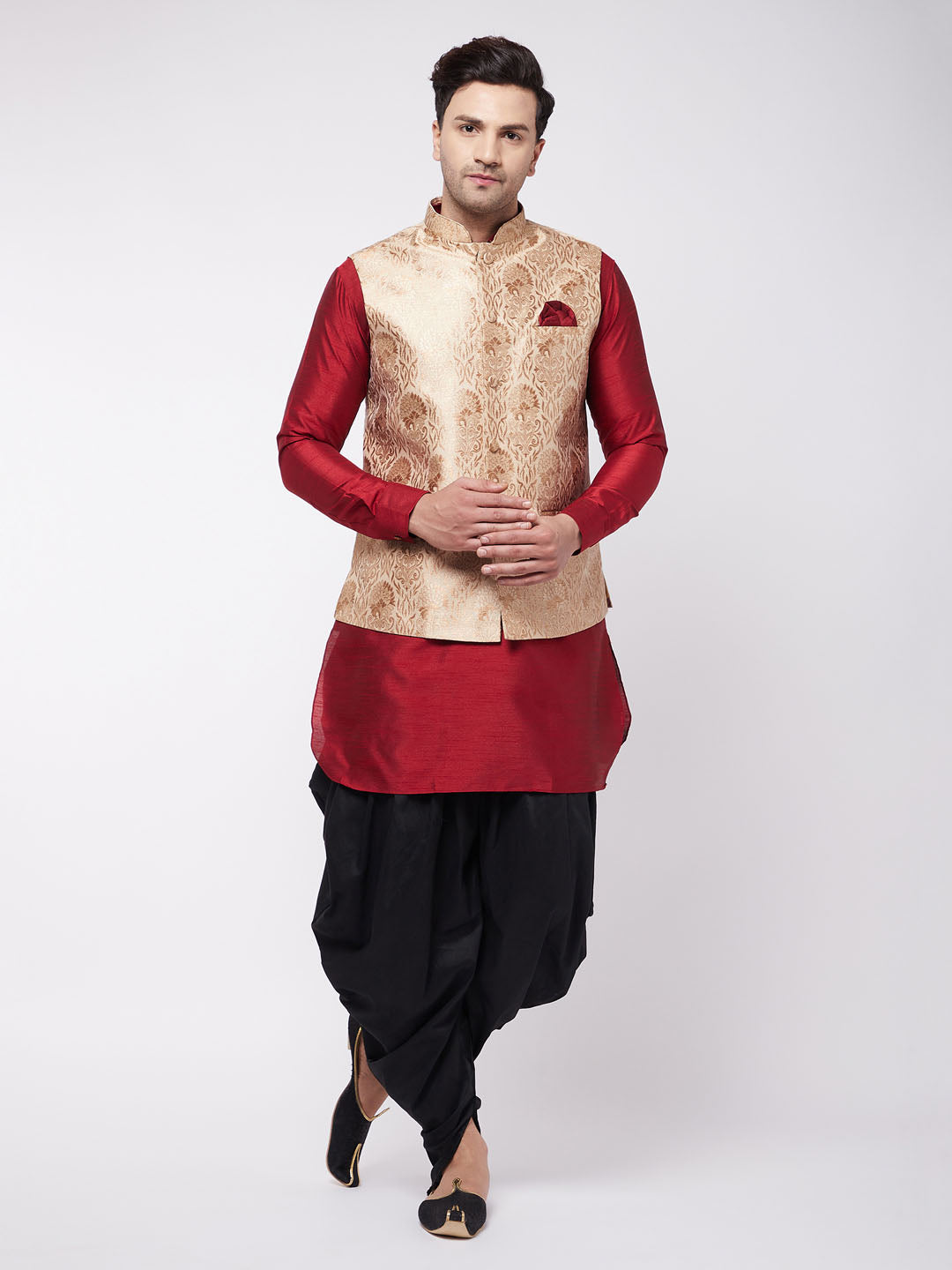 Vastramay Men's Rose Gold Jacquard Jacket With Kurta Dhoti Set