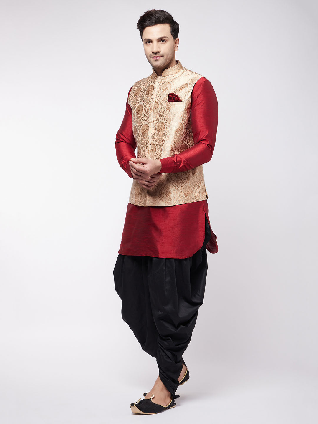 Vastramay Men's Rose Gold Jacquard Jacket With Kurta Dhoti Set