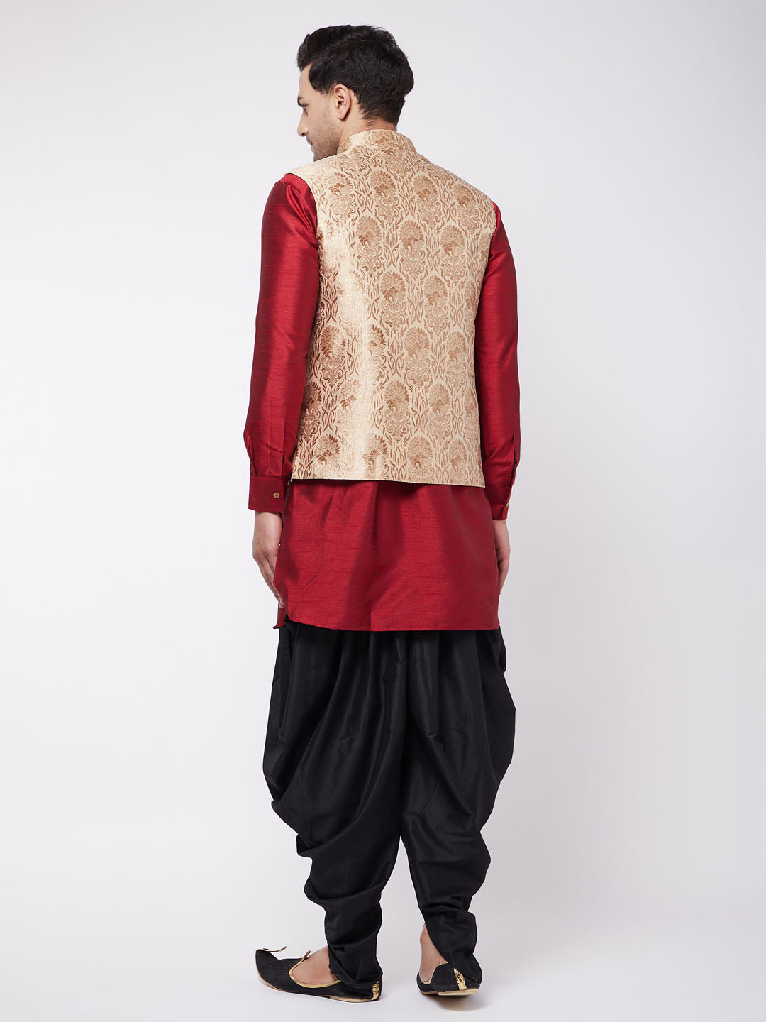 Vastramay Men's Rose Gold Jacquard Jacket With Kurta Dhoti Set