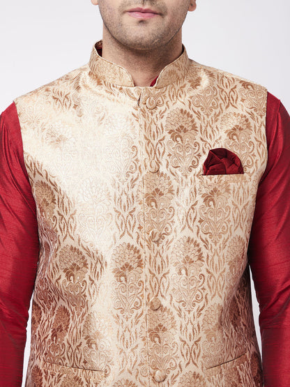 Vastramay Men's Rose Gold Jacquard Jacket With Kurta Dhoti Set