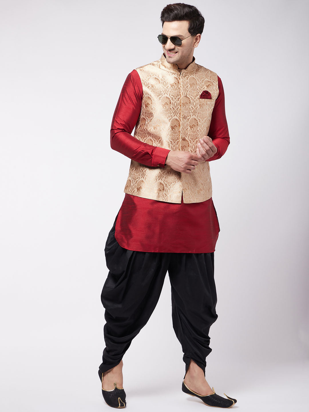 Vastramay Men's Rose Gold Jacquard Jacket With Kurta Dhoti Set