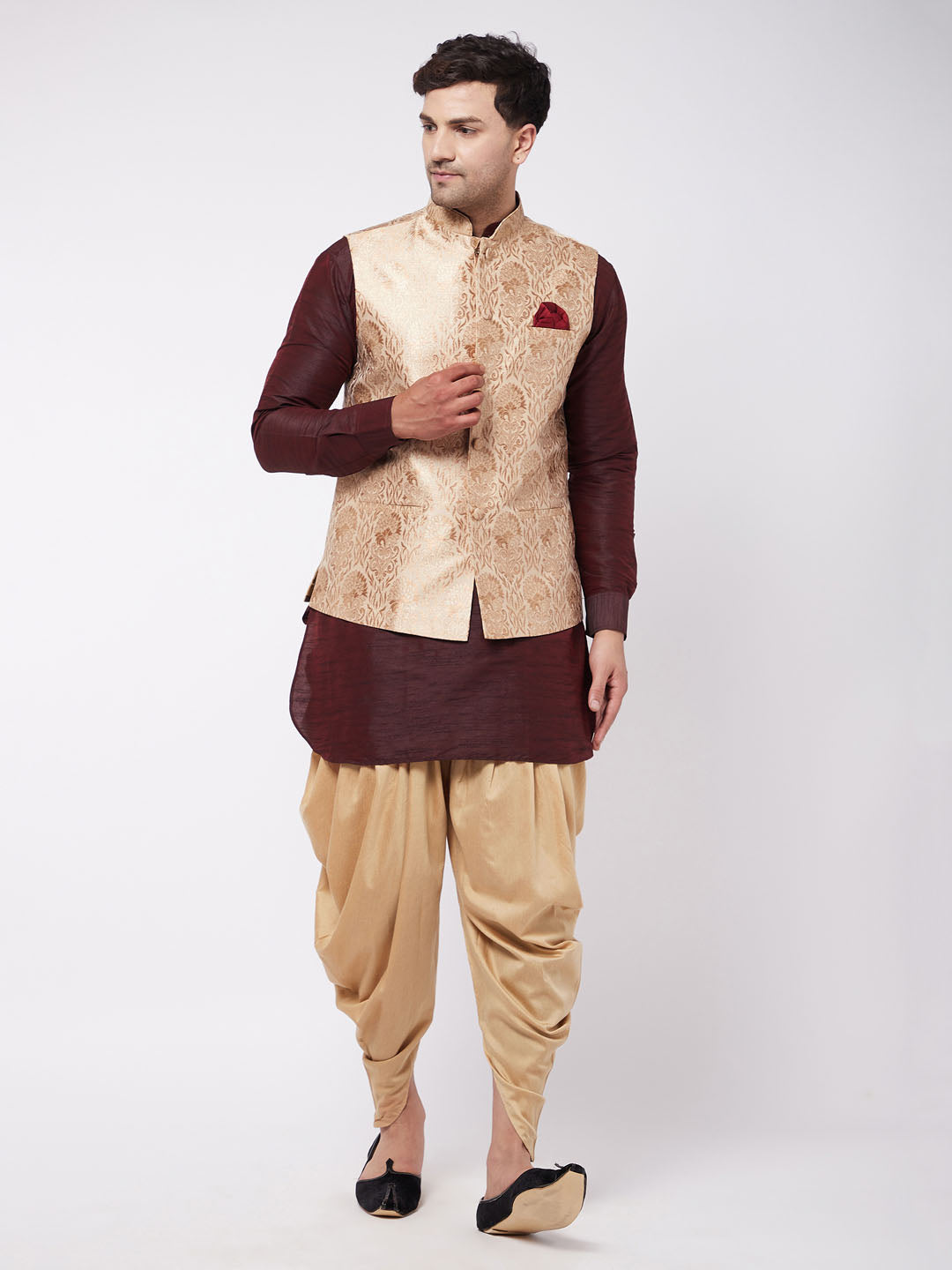 Vastramay Men's Rose Gold Jacquard Jacket With Kurta Dhoti Set