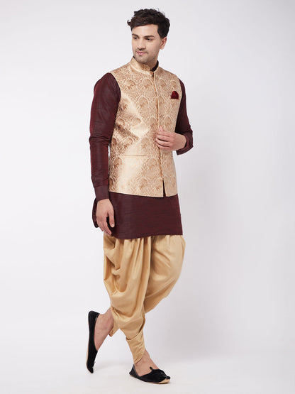 Vastramay Men's Rose Gold Jacquard Jacket With Kurta Dhoti Set