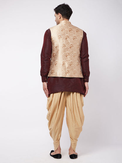 Vastramay Men's Rose Gold Jacquard Jacket With Kurta Dhoti Set