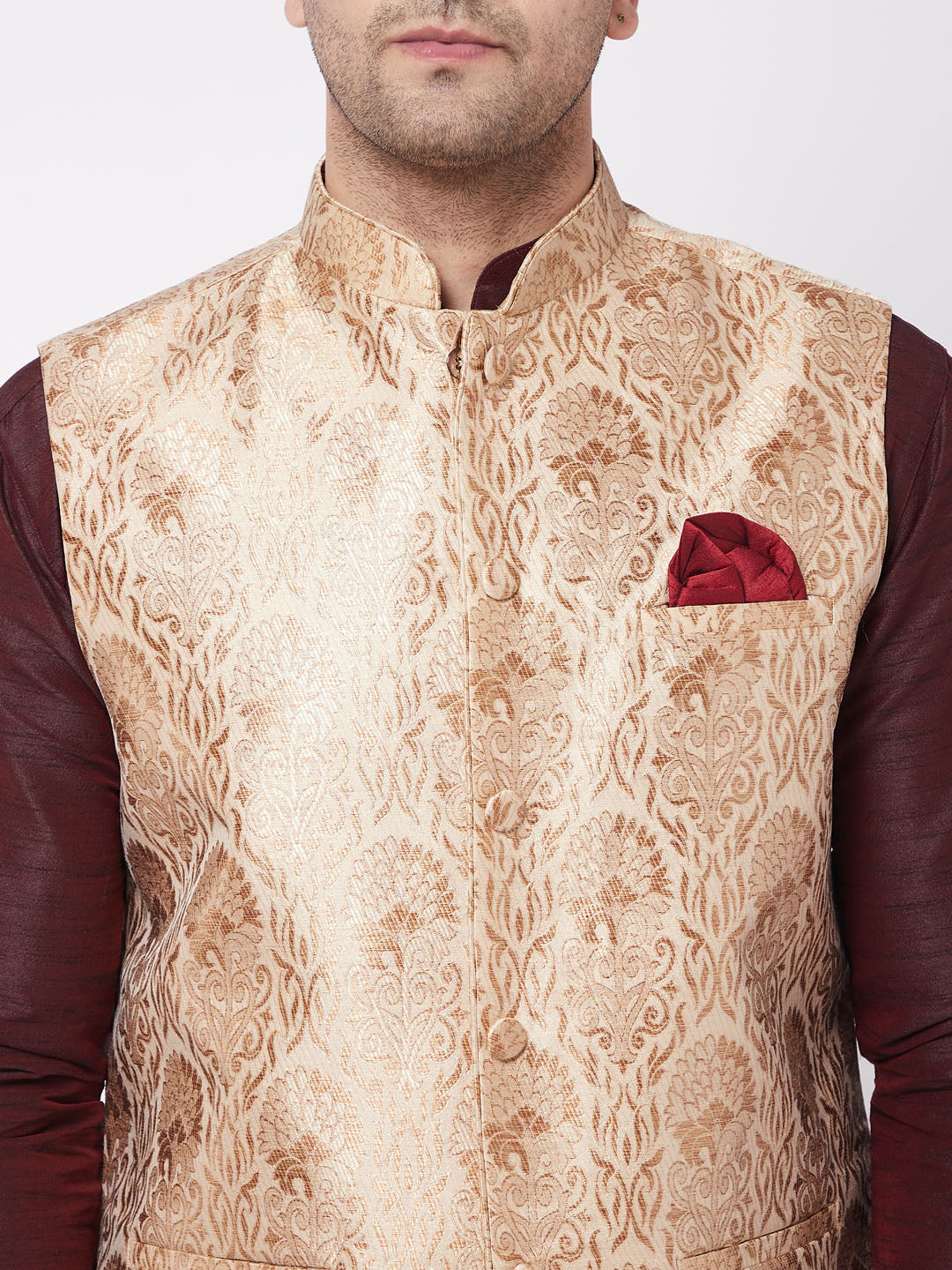 Vastramay Men's Rose Gold Jacquard Jacket With Kurta Dhoti Set