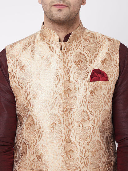 Vastramay Men's Rose Gold Jacquard Jacket With Kurta Dhoti Set