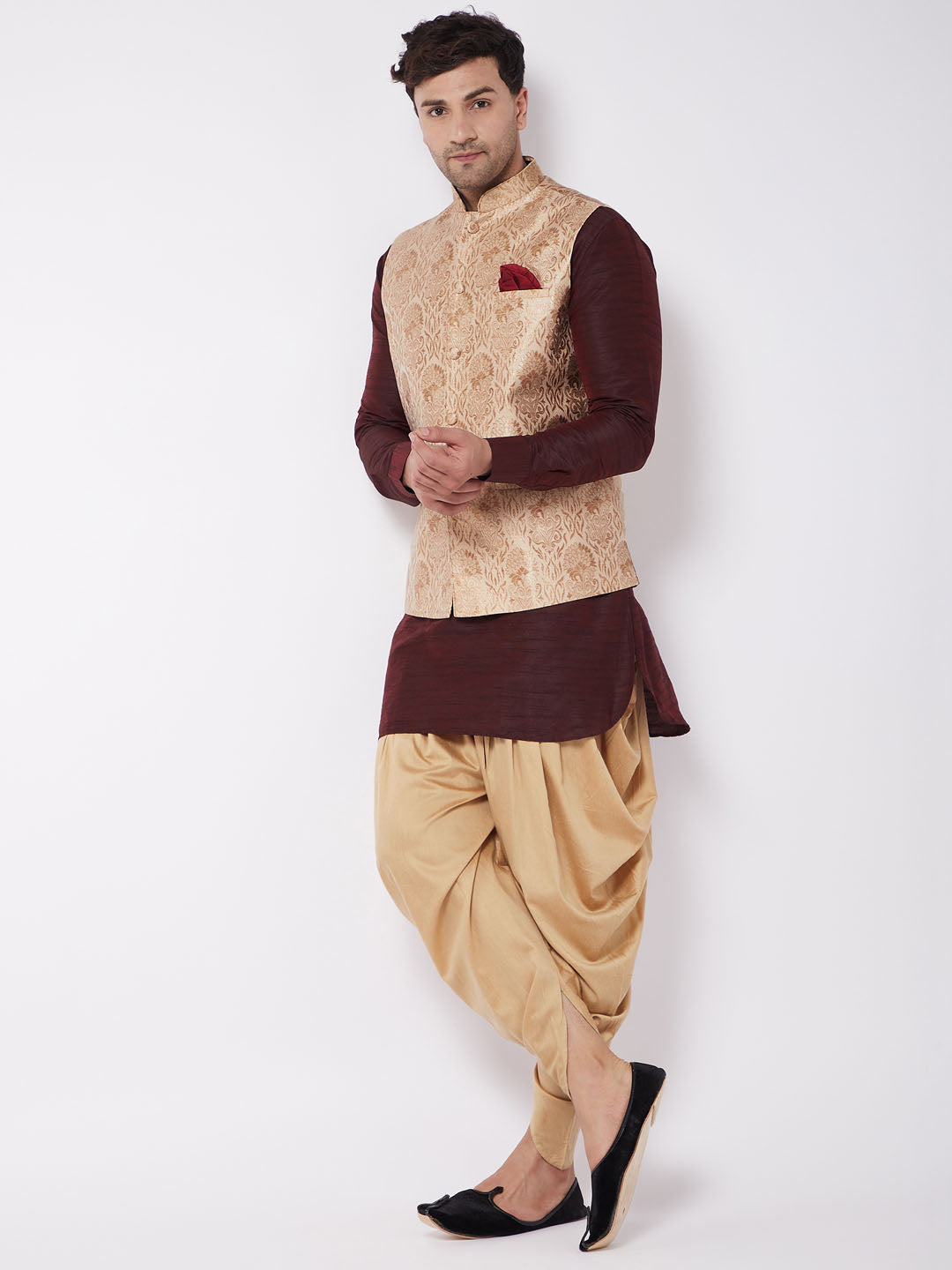 Vastramay Men's Rose Gold Jacquard Jacket With Kurta Dhoti Set