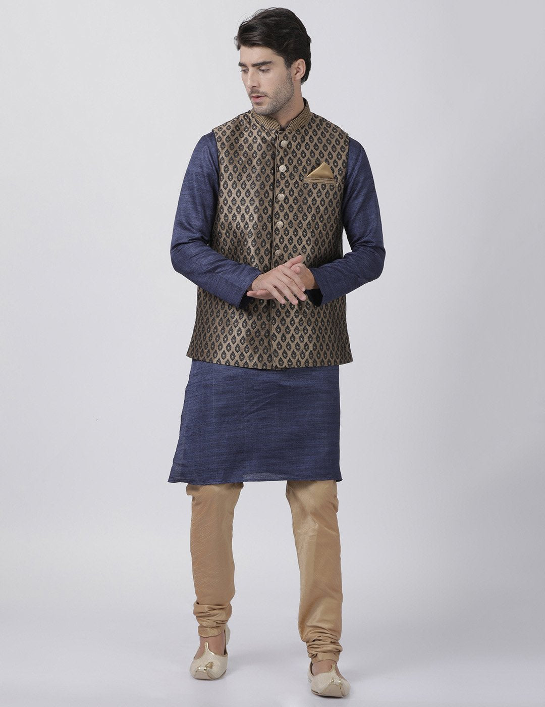 mens dark blue cotton silk blend kurta ethnic jacket and pyjama set1113