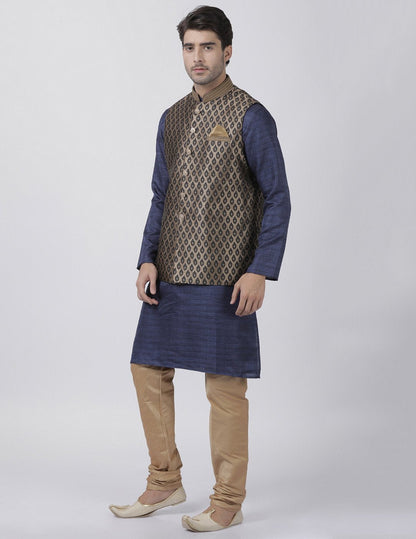 mens dark blue cotton silk blend kurta ethnic jacket and pyjama set1113