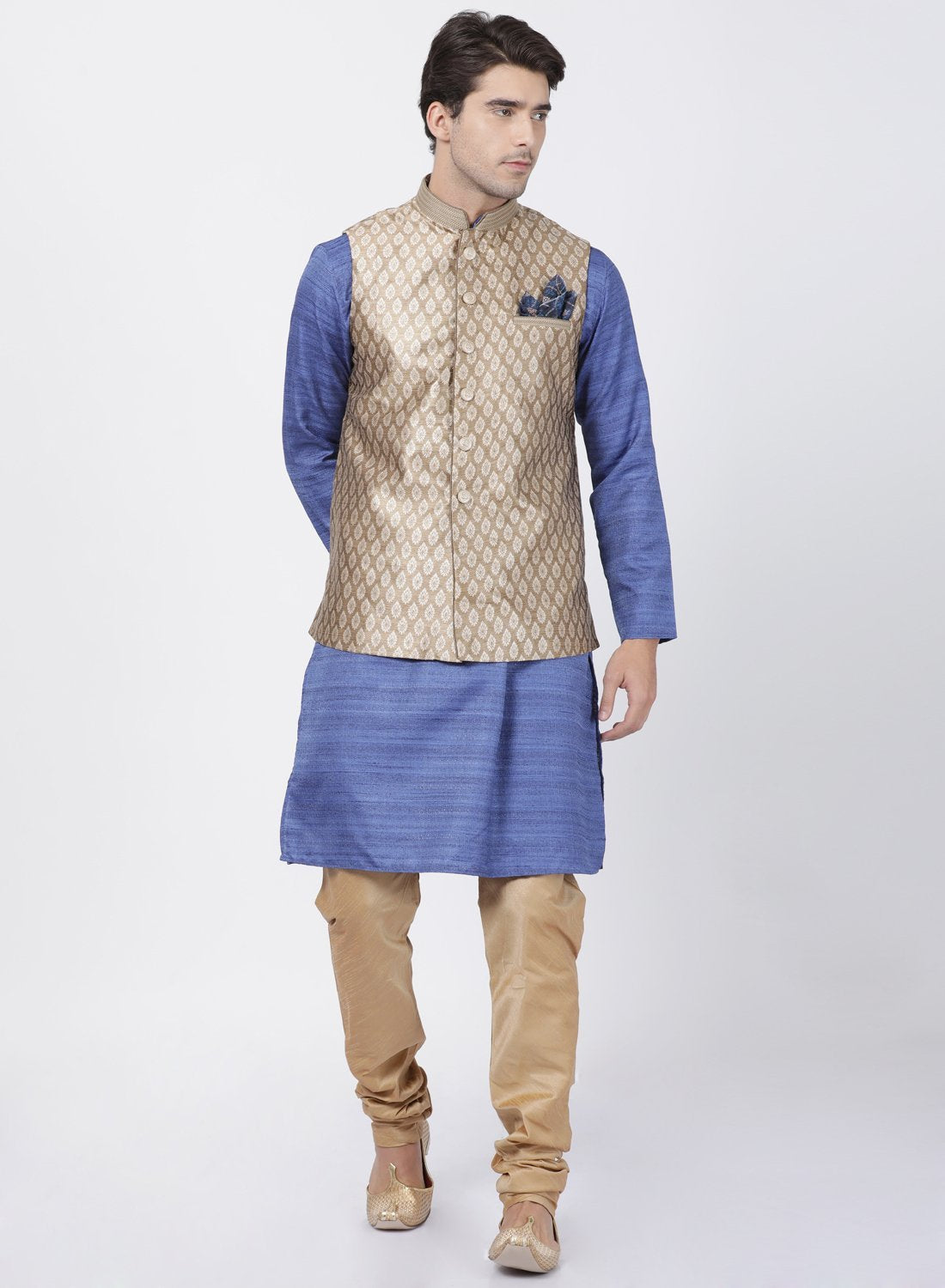 mens blue cotton silk blend kurta ethnic jacket and pyjama set1115