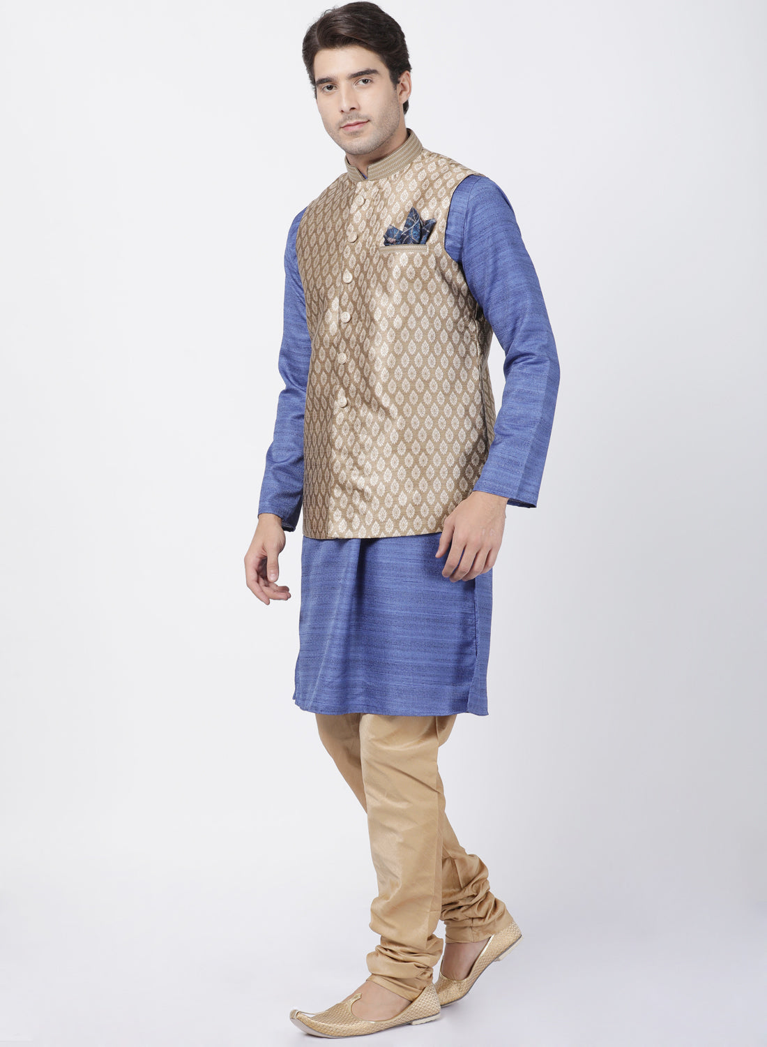 mens blue cotton silk blend kurta ethnic jacket and pyjama set1115