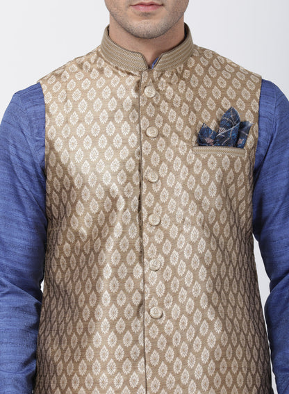 mens blue cotton silk blend kurta ethnic jacket and pyjama set1115