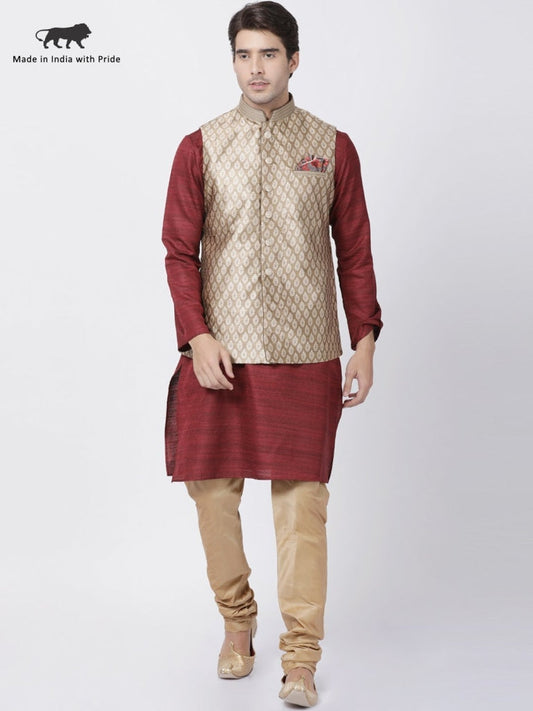 mens maroon cotton silk blend kurta ethnic jacket and pyjama set1117