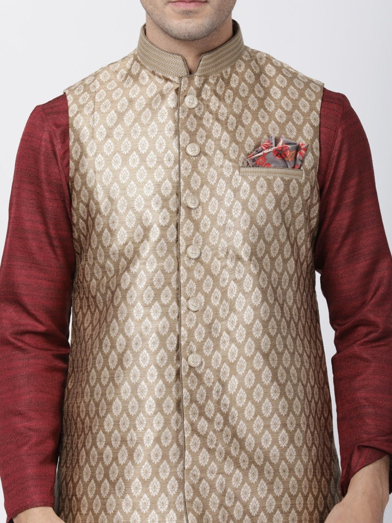 mens maroon cotton silk blend kurta ethnic jacket and pyjama set1117