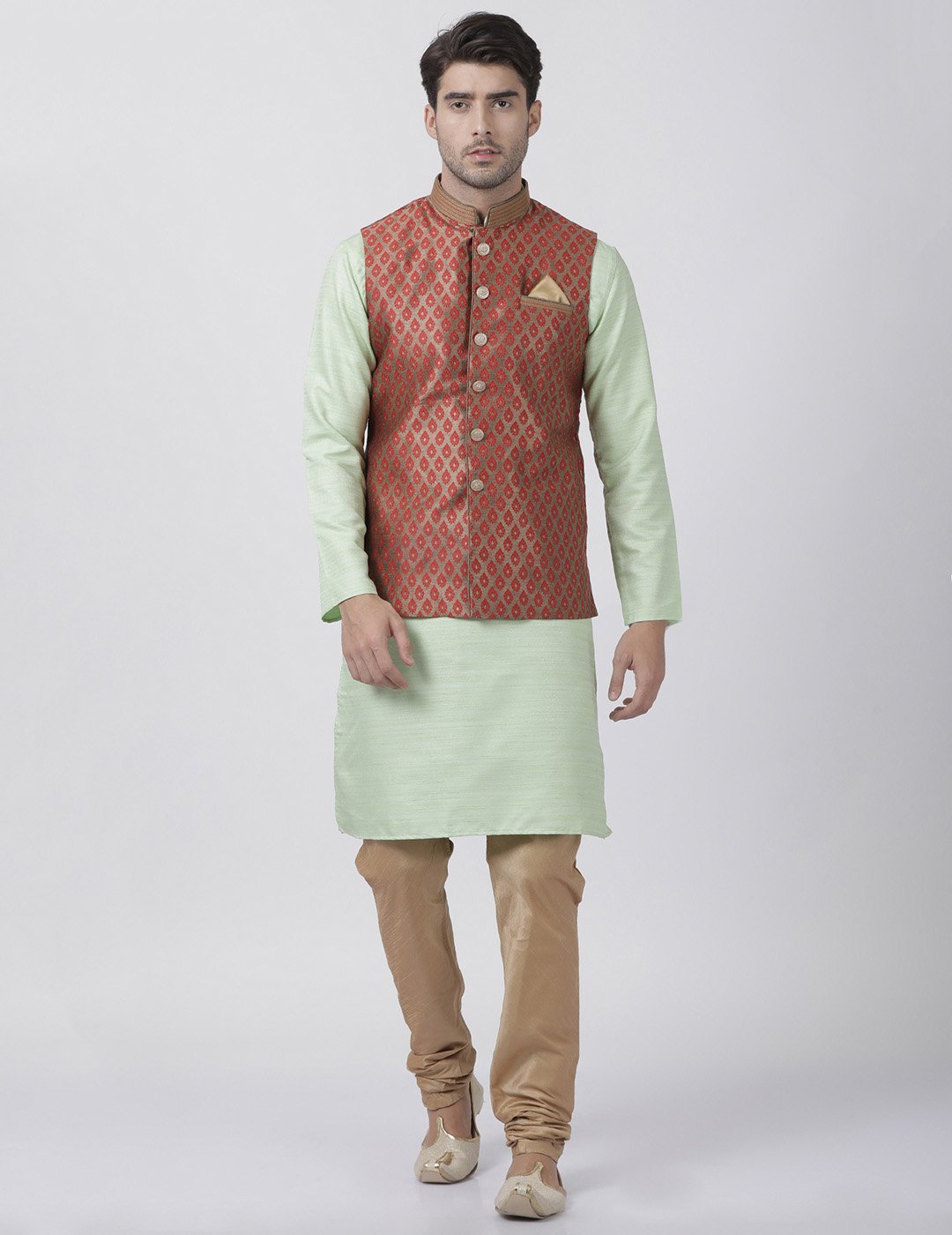 mens light green cotton silk blend kurta ethnic jacket and pyjama set1118