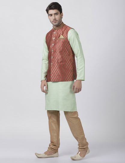 mens light green cotton silk blend kurta ethnic jacket and pyjama set1118