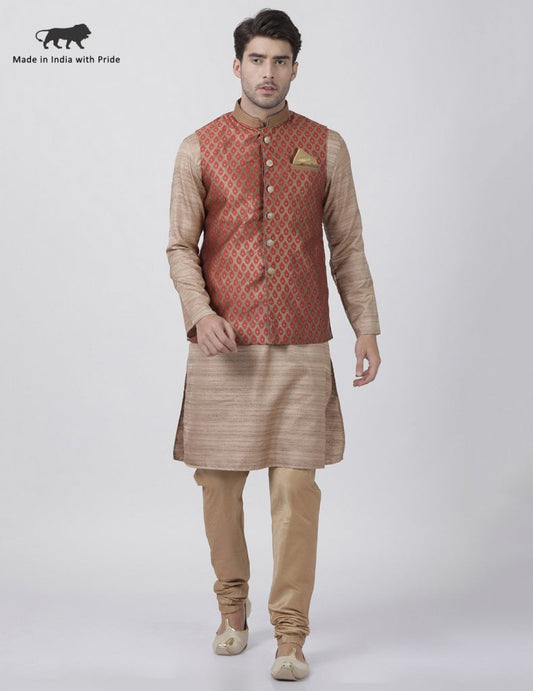 mens gold cotton silk blend kurta ethnic jacket and pyjama set1119