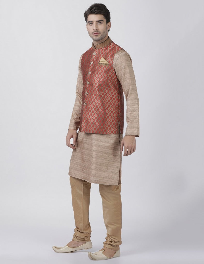 mens gold cotton silk blend kurta ethnic jacket and pyjama set1119