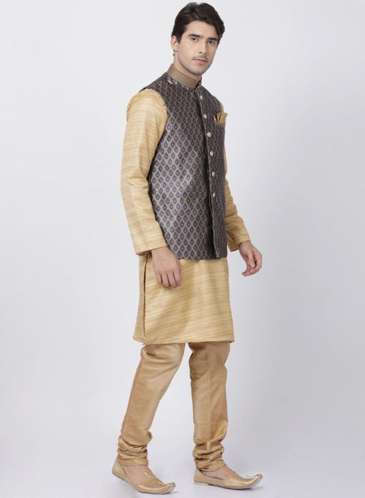 mens beige cotton silk blend kurta ethnic jacket and pyjama set1120