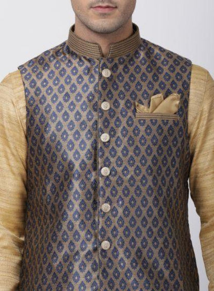 mens beige cotton silk blend kurta ethnic jacket and pyjama set1120