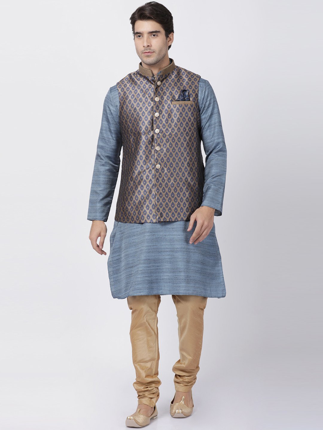 mens grey cotton silk blend kurta ethnic jacket and pyjama set1121