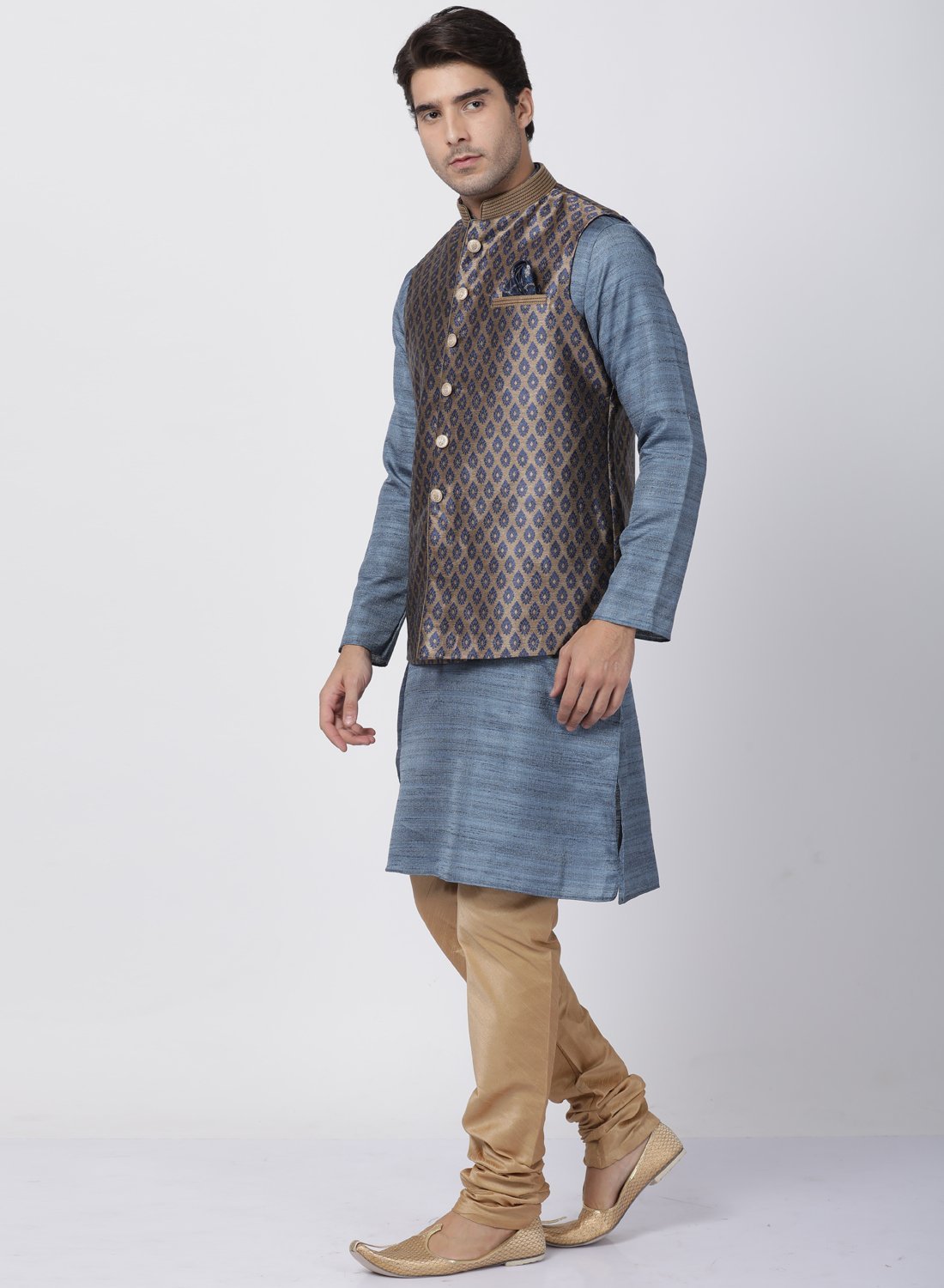 mens grey cotton silk blend kurta ethnic jacket and pyjama set1121