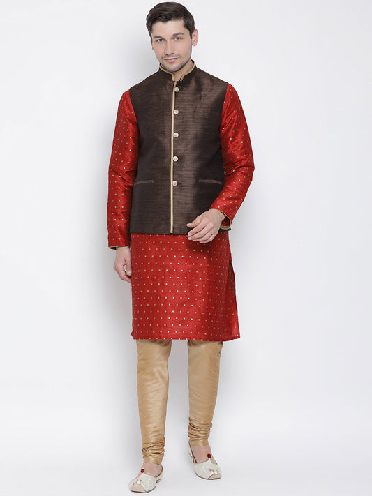 Men's Maroon Cotton Silk Blend Kurta, Ethnic Jacket and Pyjama Set