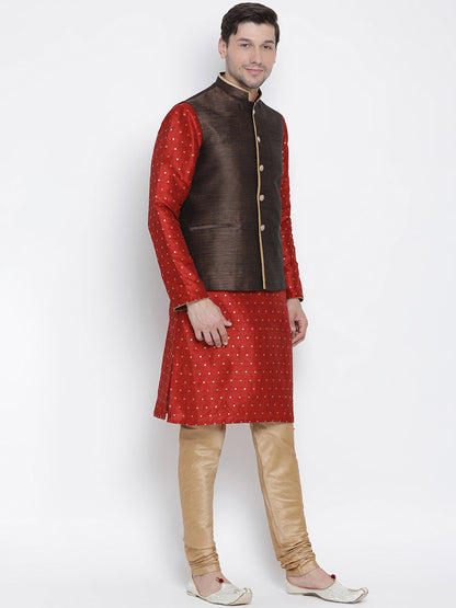 Men's Maroon Cotton Silk Blend Kurta, Ethnic Jacket and Pyjama Set